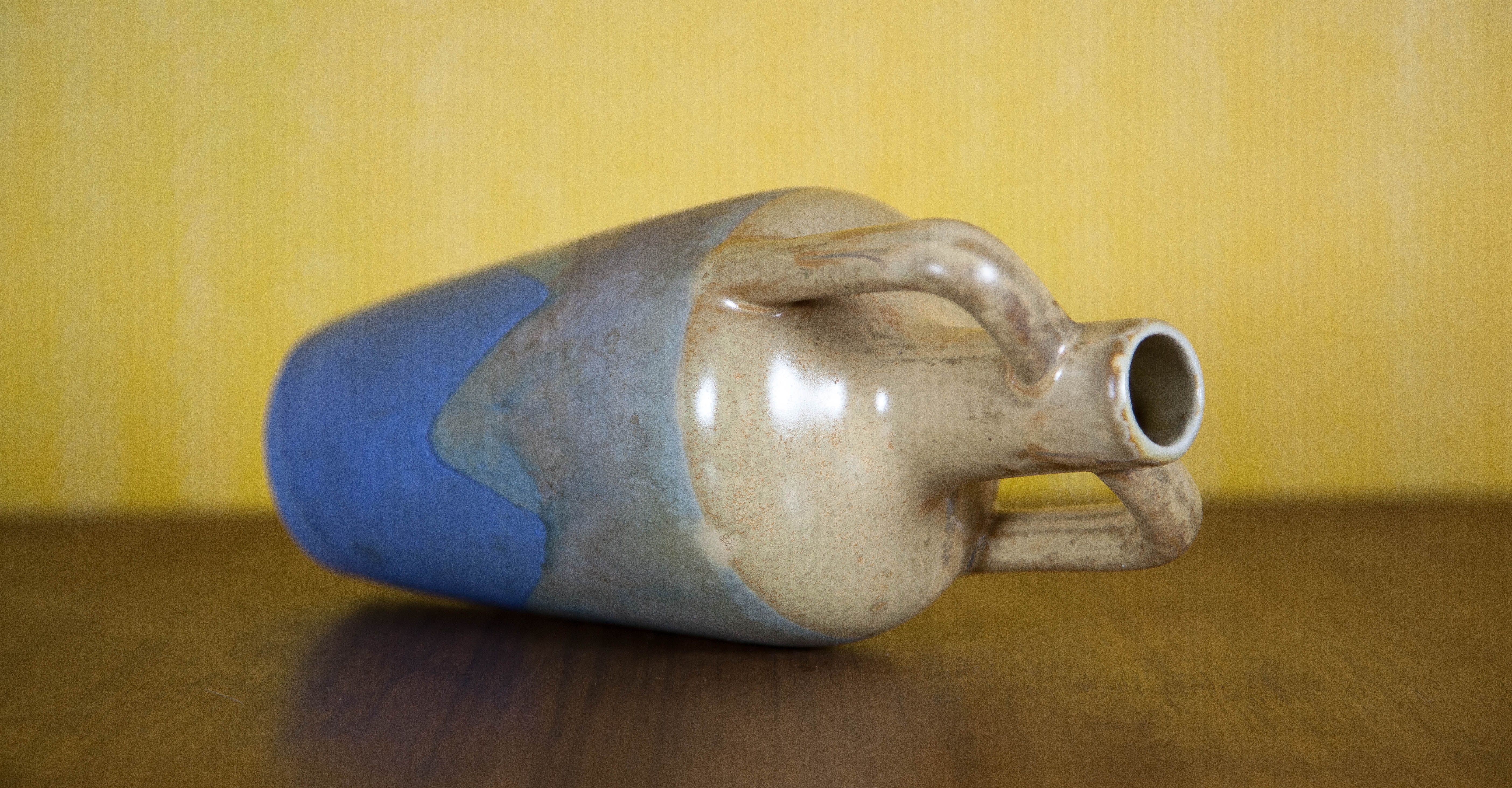 Flamed glazed stoneware bottle, Fournier Demars St-Amand alcohol bottle, amphora vase