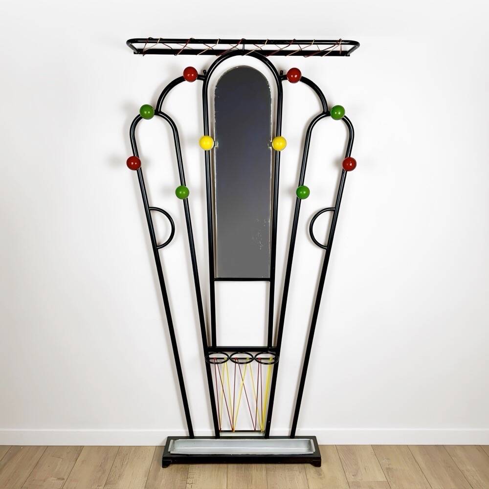 Metal coat rack with wooden balls and scoubidou from the 1960s.