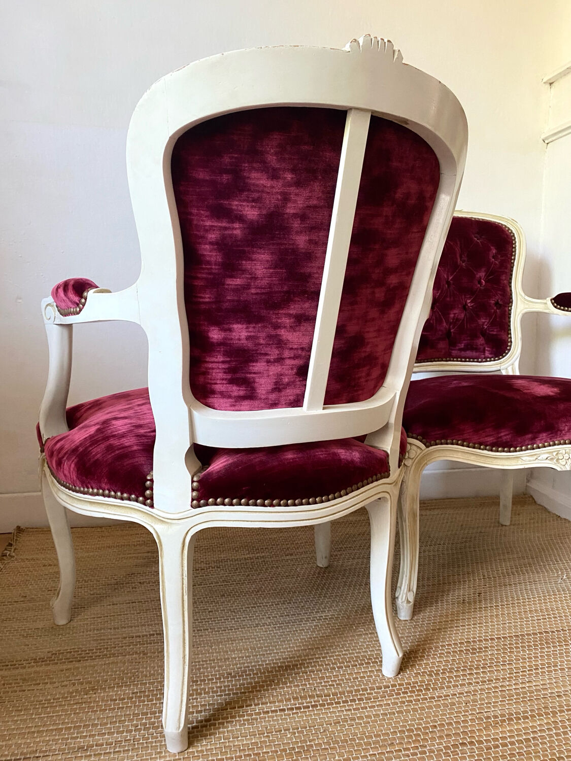 Pair of Louis XV style upholstered velvet armchairs