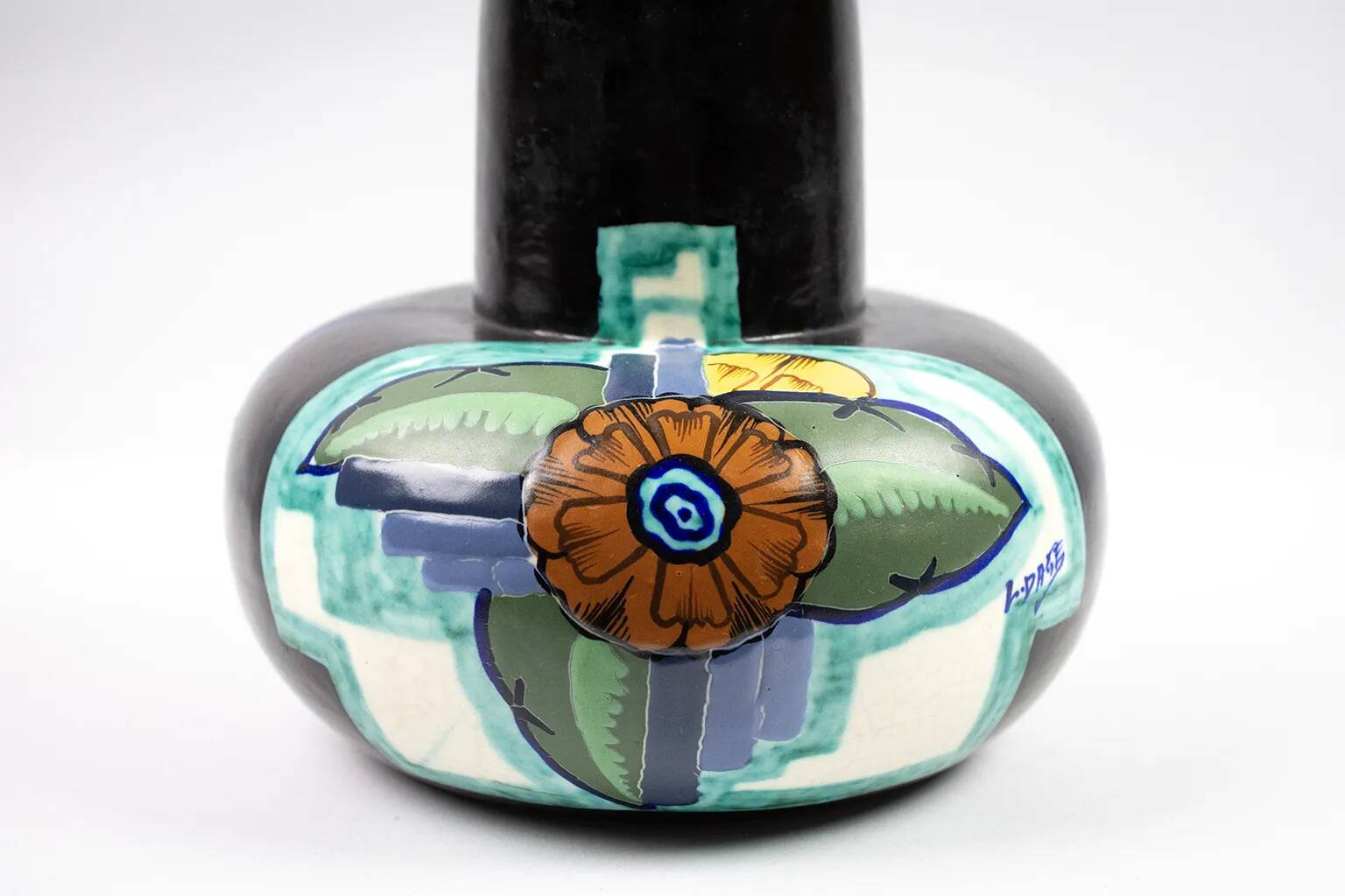 Art Deco Vase by Louis Dage – ceramic with floral decoration on a black background, 1930