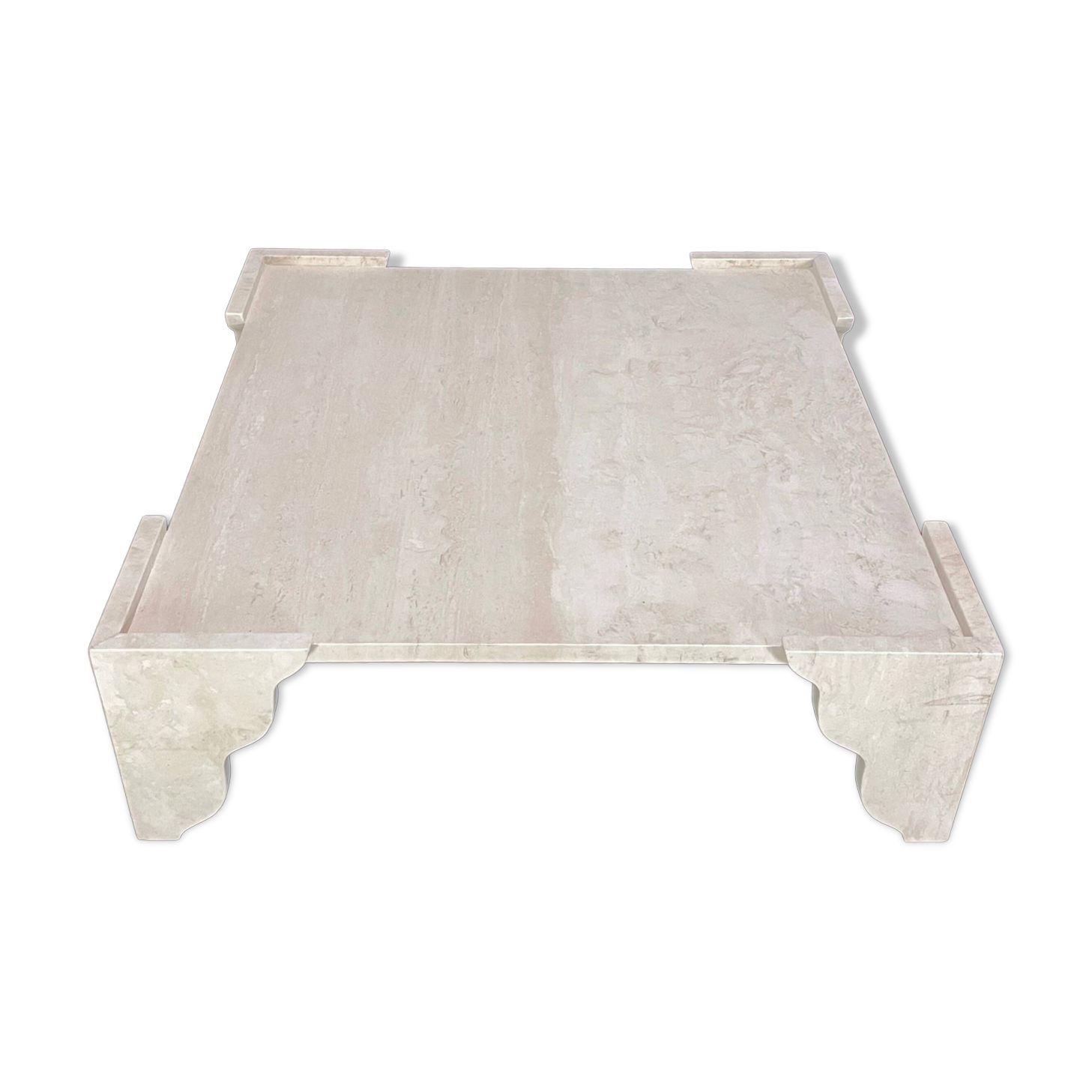 Large square coffee table in travertine by Claude Berraldacci. 1990s. France.