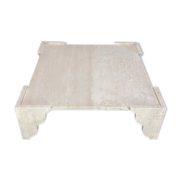Large square coffee table in travertine by Claude Berraldacci. 1990s. France.