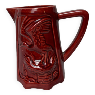 Saint Clement red earthenware pitcher with stork decoration circa 1940