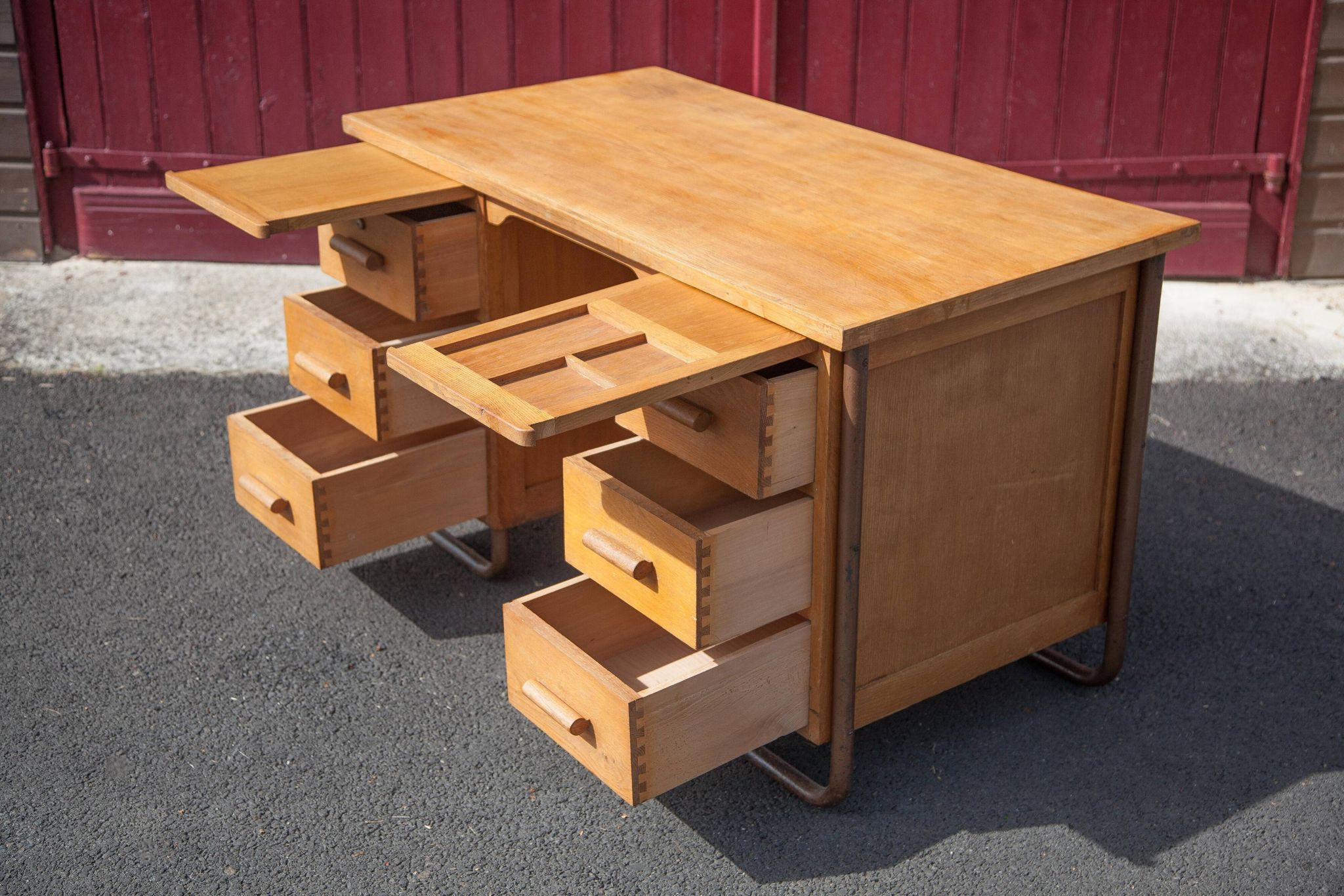 Old desk, wooden desk, school desk, desk with drawers and tablet, 50s