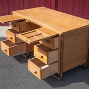 Old desk, wooden desk, school desk, desk with drawers and tablet, 50s