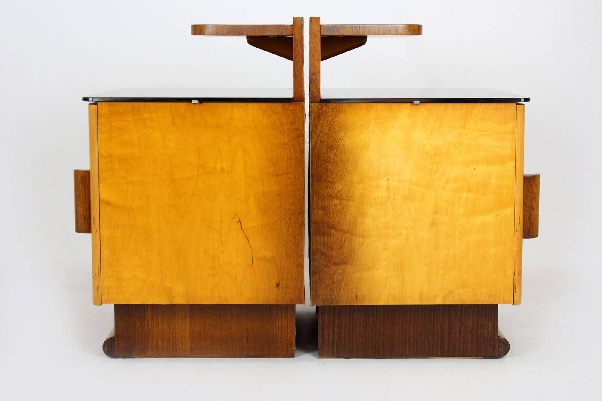 Restored Art Deco Nightstands with Black Glass Tops, 1950s, Set of 2