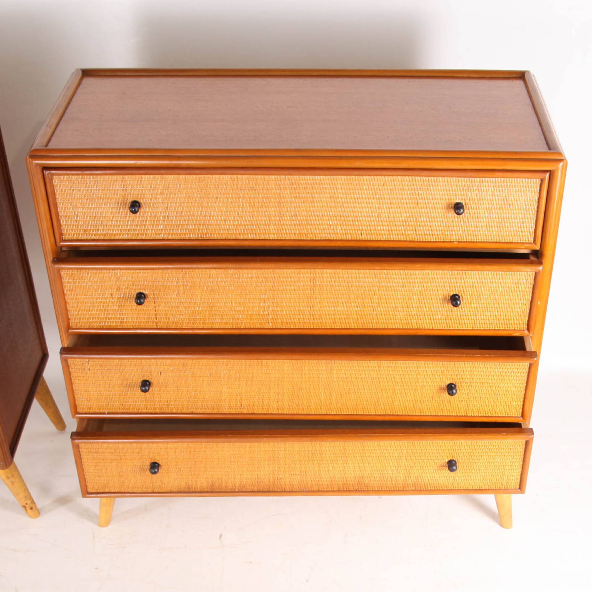 Pair of rattan and wood bedside tables