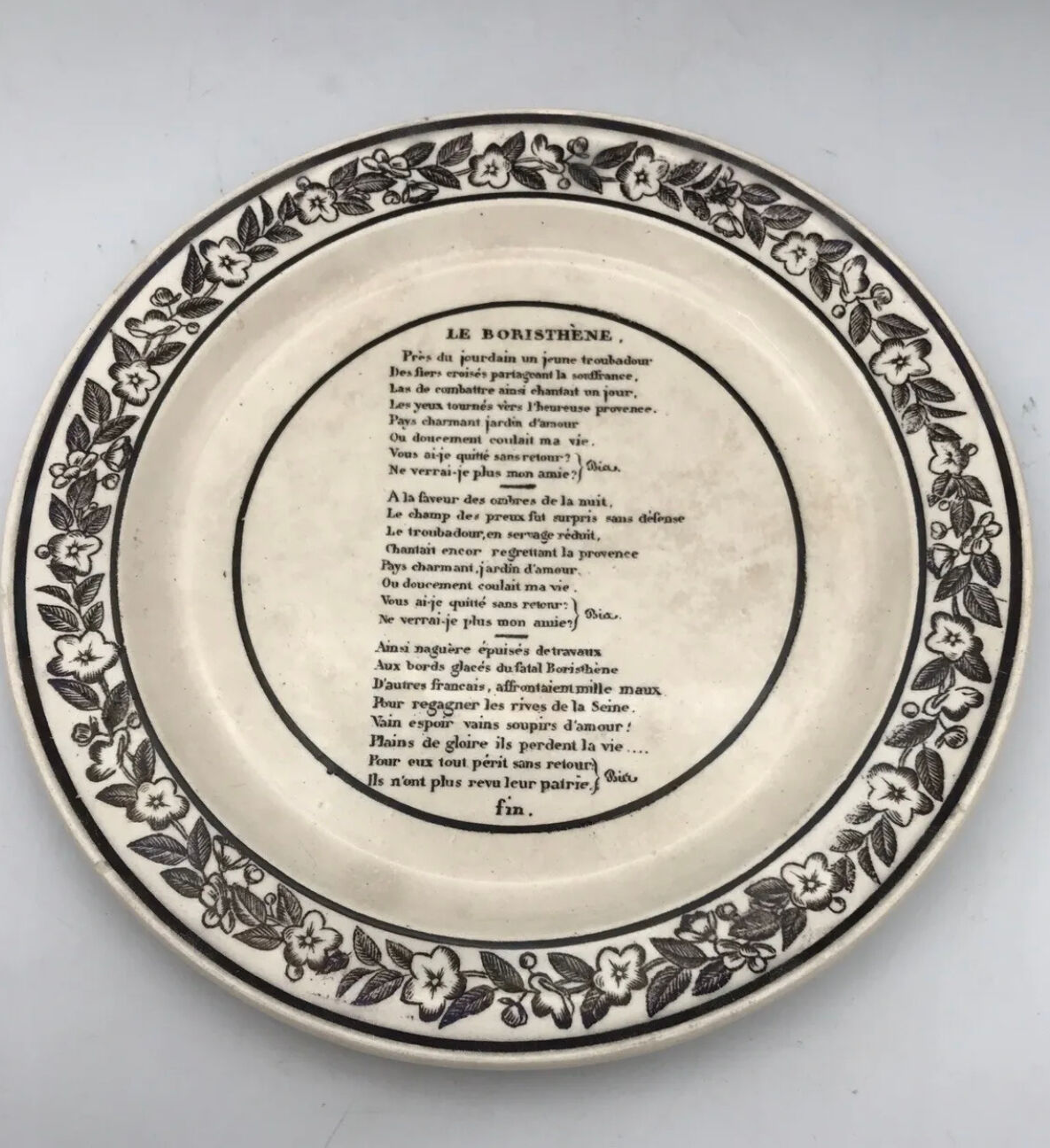 Set of 6 antique plates in fine earthenware with printed decoration of grisailles and poems