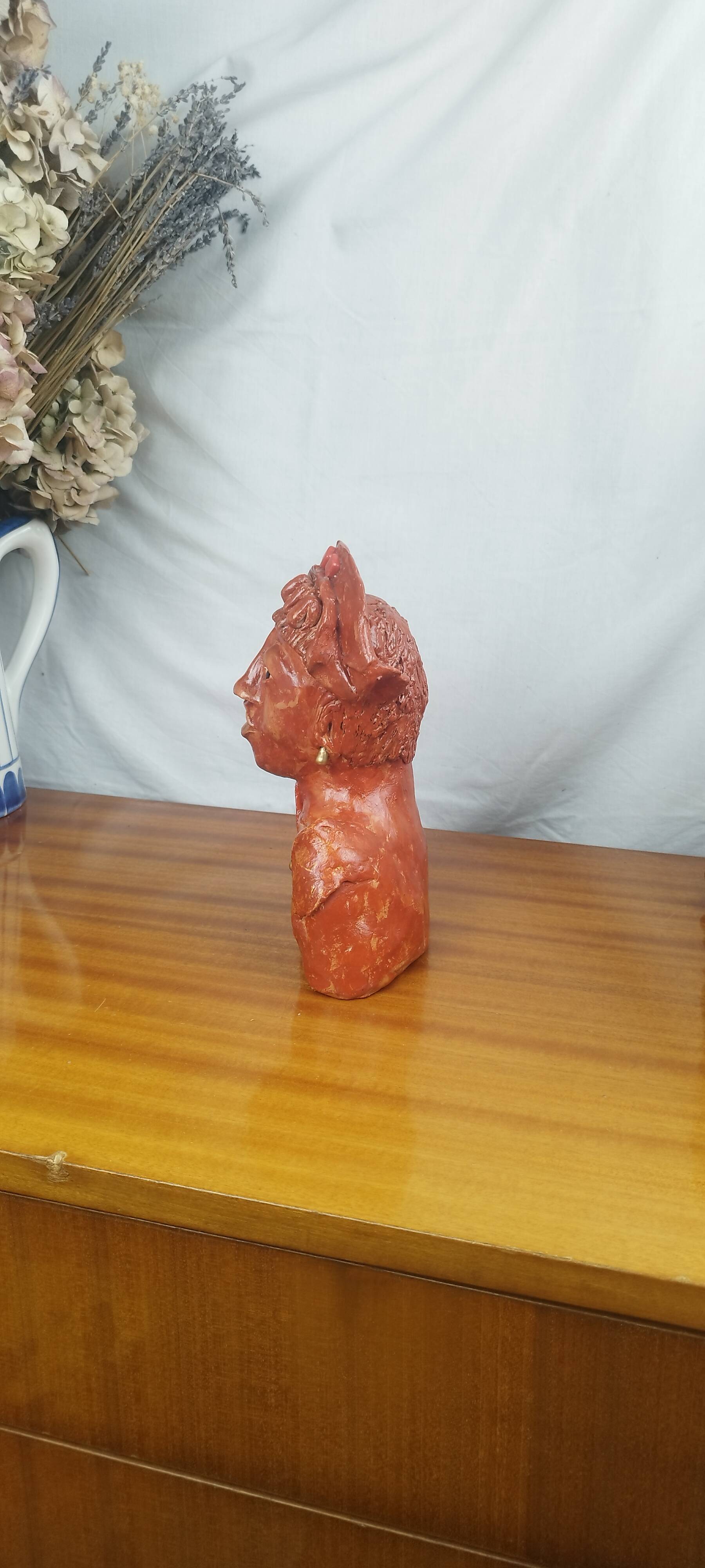 African Woman Bust In Clay, Vintage Modern Figurative Art