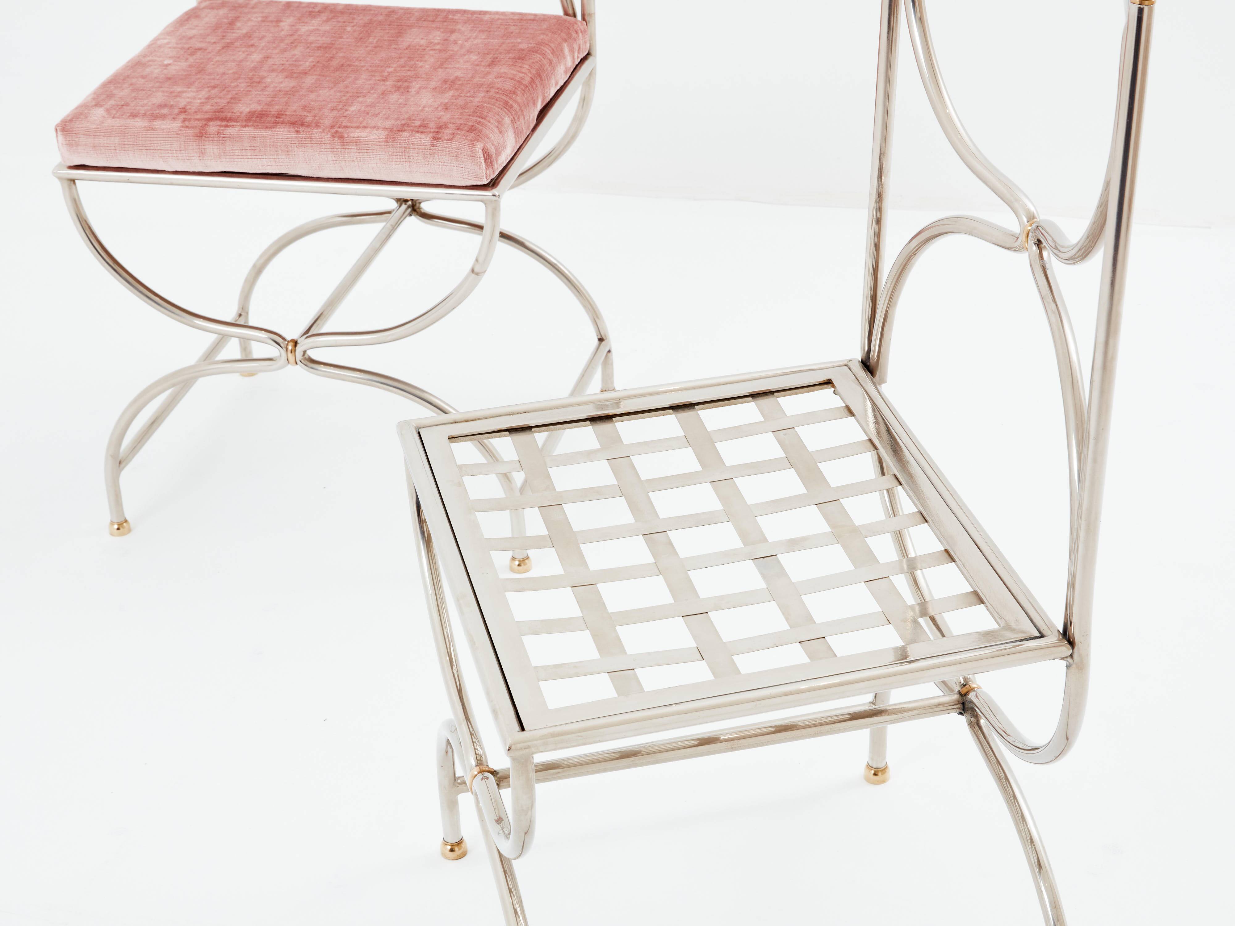 Maison Jansen rare set of 12 steel brass pink velvet chairs 1960