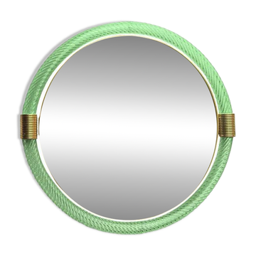 Murano glass wall mirror "Torgiglione-Torchon" round Venetian green