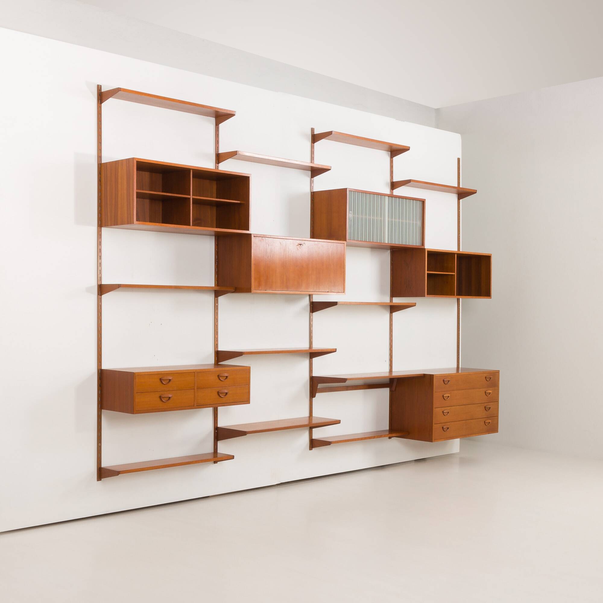 Kai Kristiansen four bay teak wall unit with a dresser, FM Mobler, Denmark
