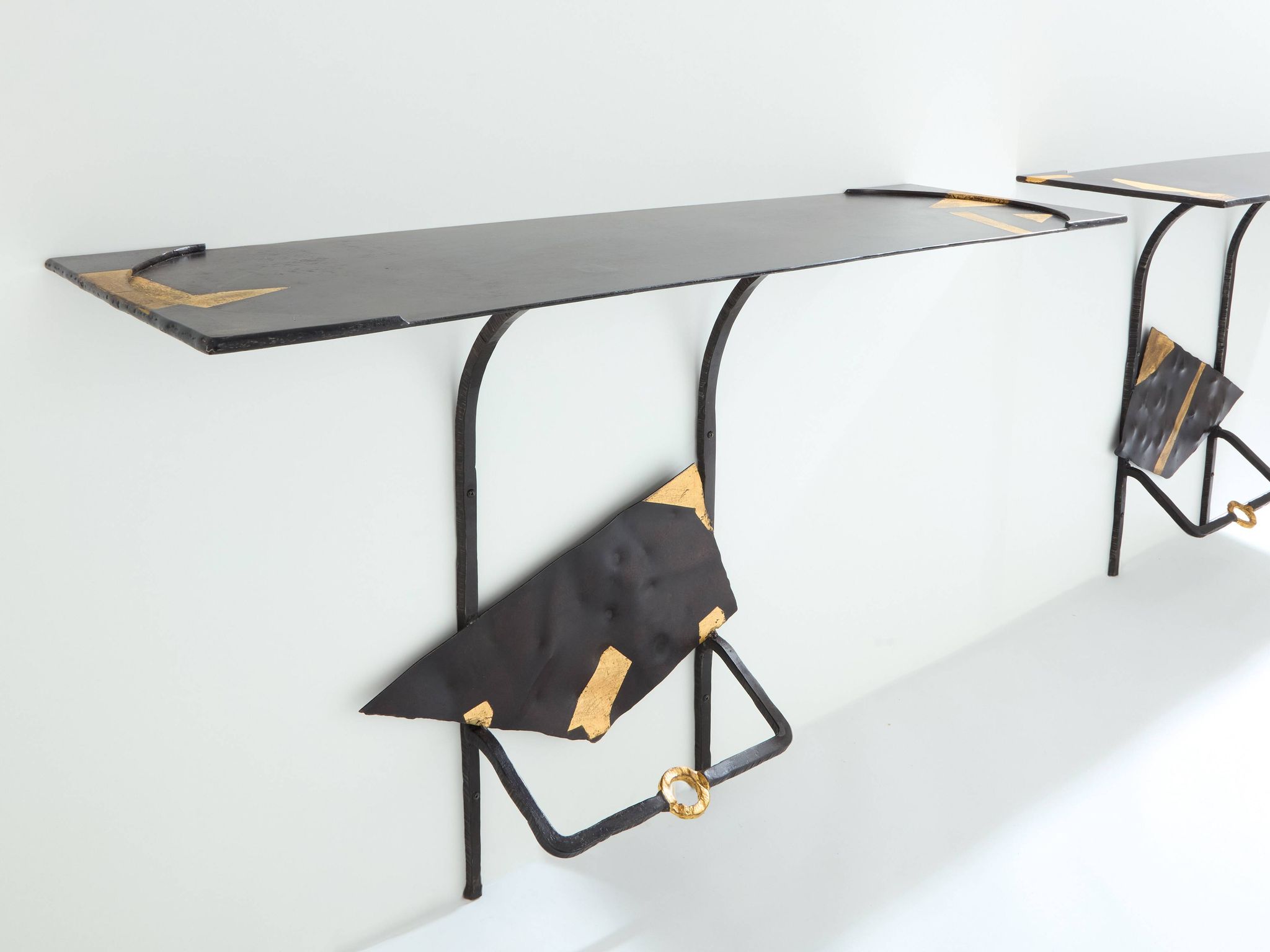 Pair of brutalist wrought iron consoles by Argueyrolles 1990