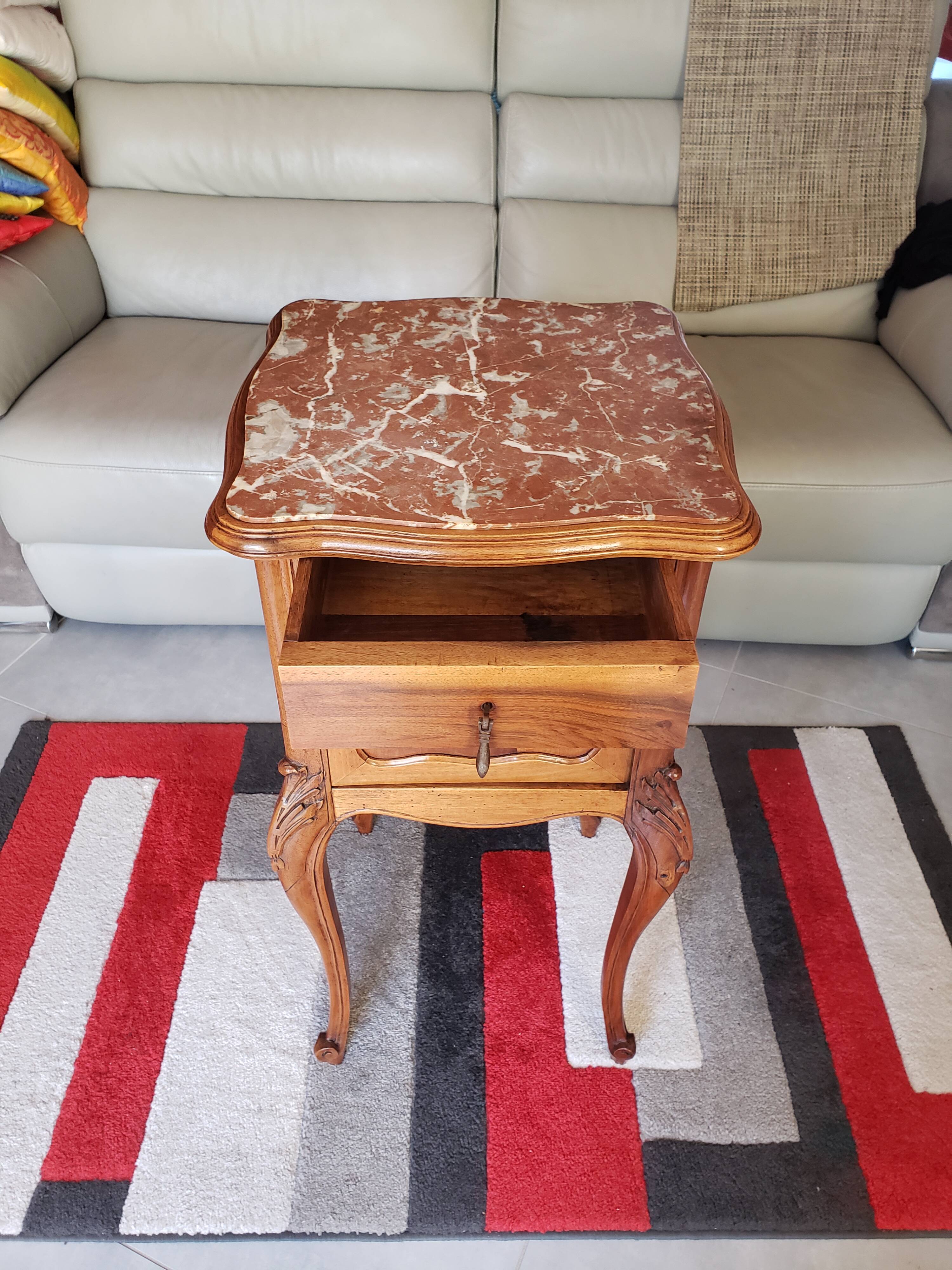 Antique walnut and marble bedside table