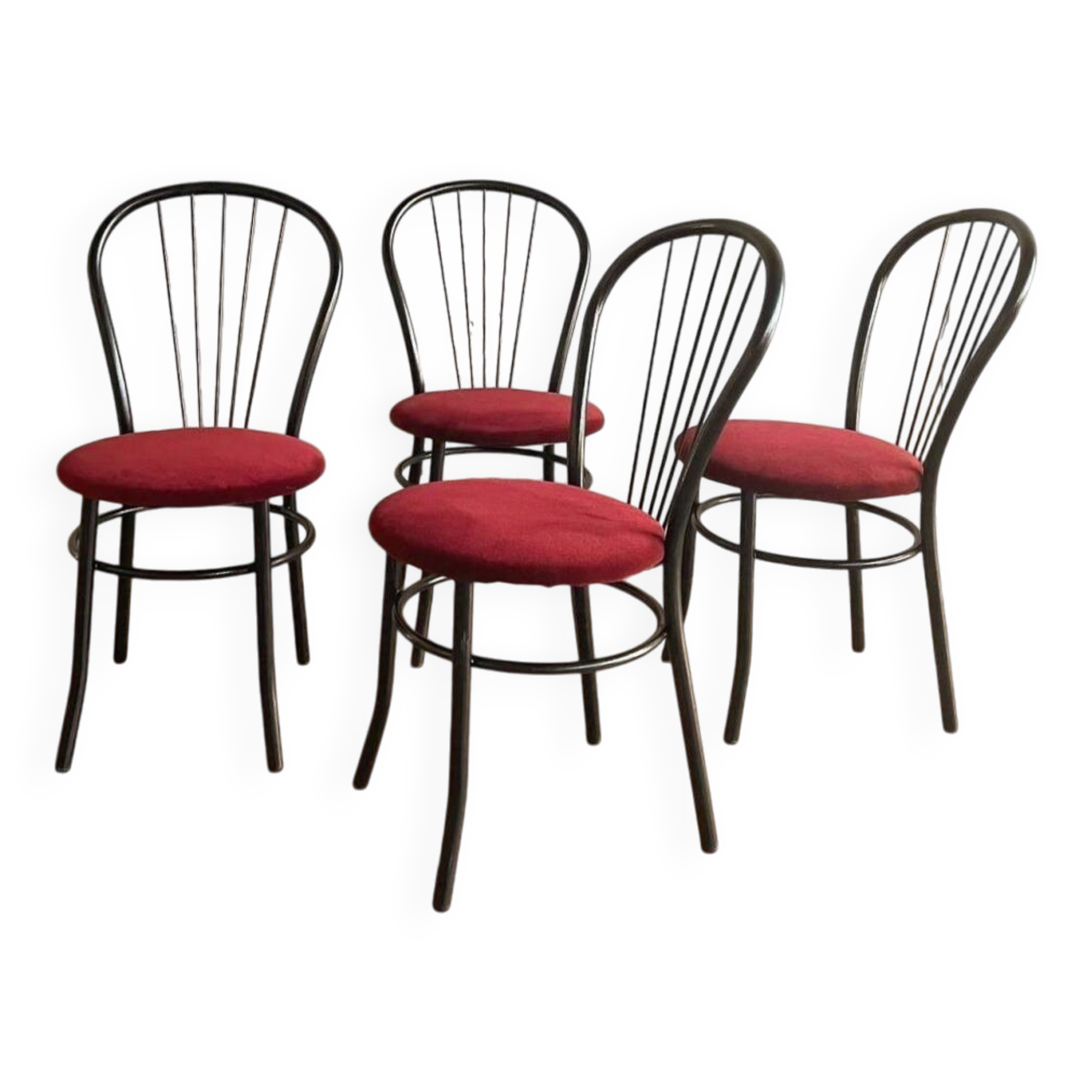 4 black metal bistro chairs with garnet red velvet