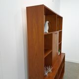 Deens hoge teak vakkenkast met bar vintage wandkast