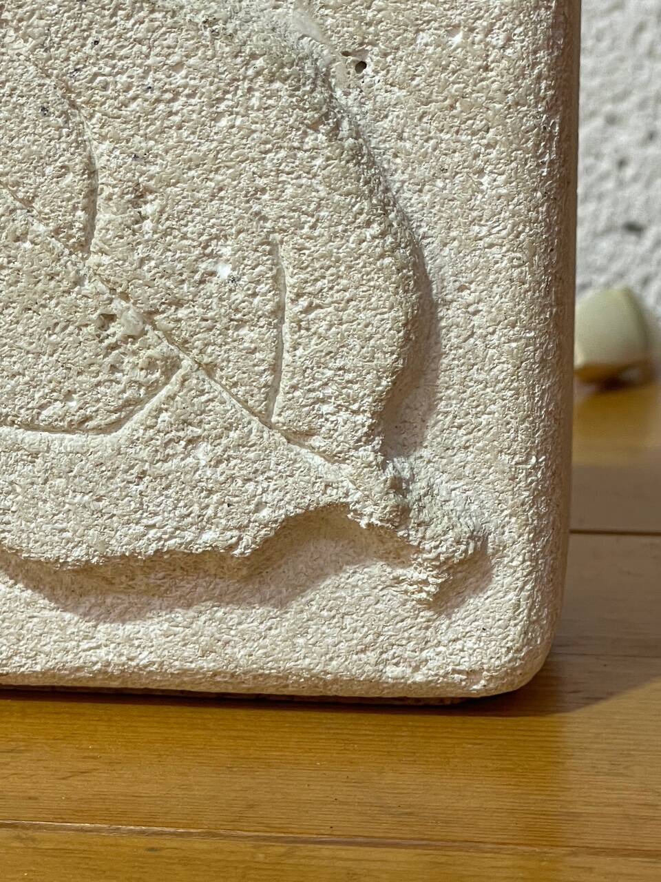 Vintage stone lamp with a cord lampshade from the 1970s.