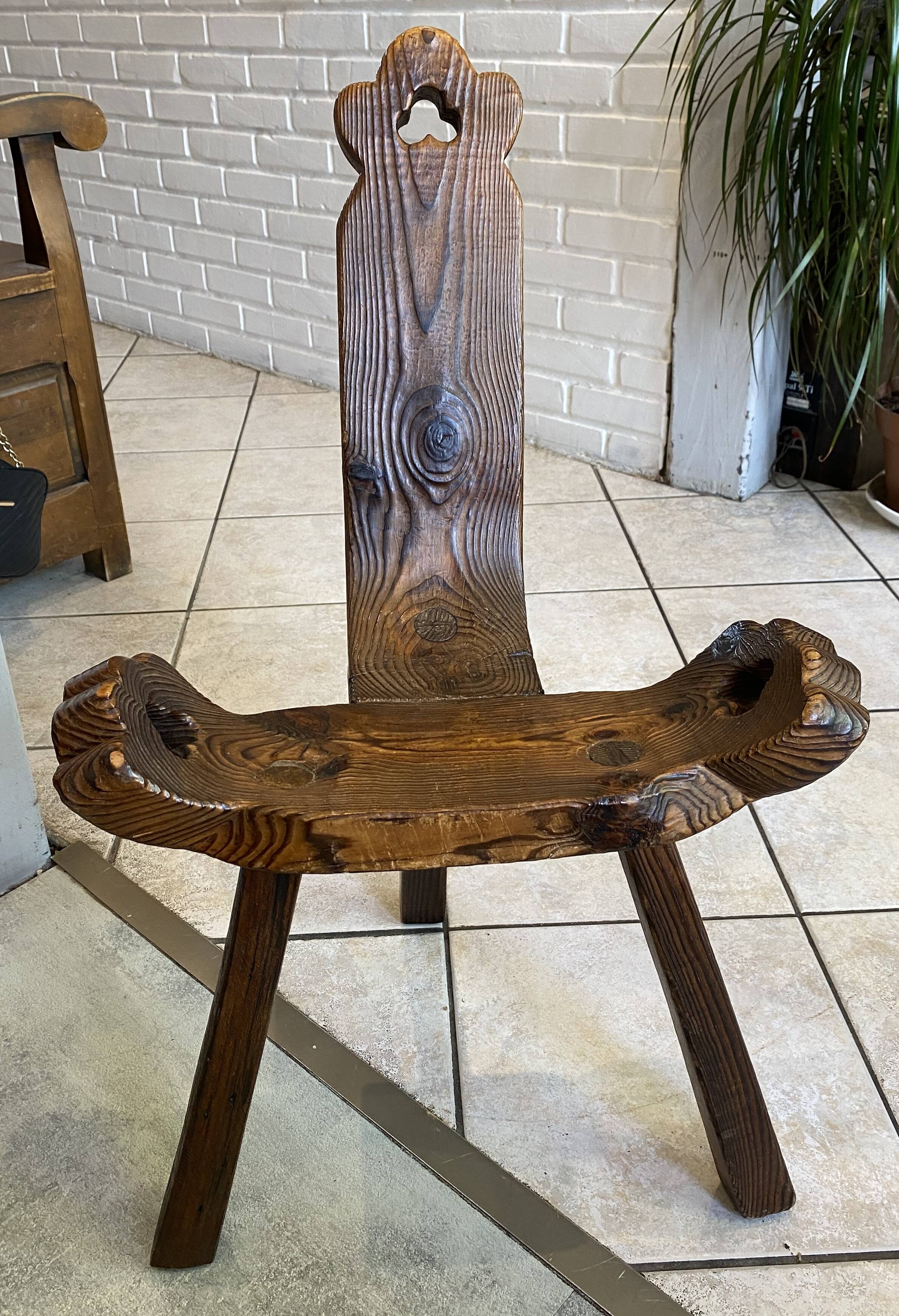 Brutalist tripod chair n1, carved solid wood, antique.