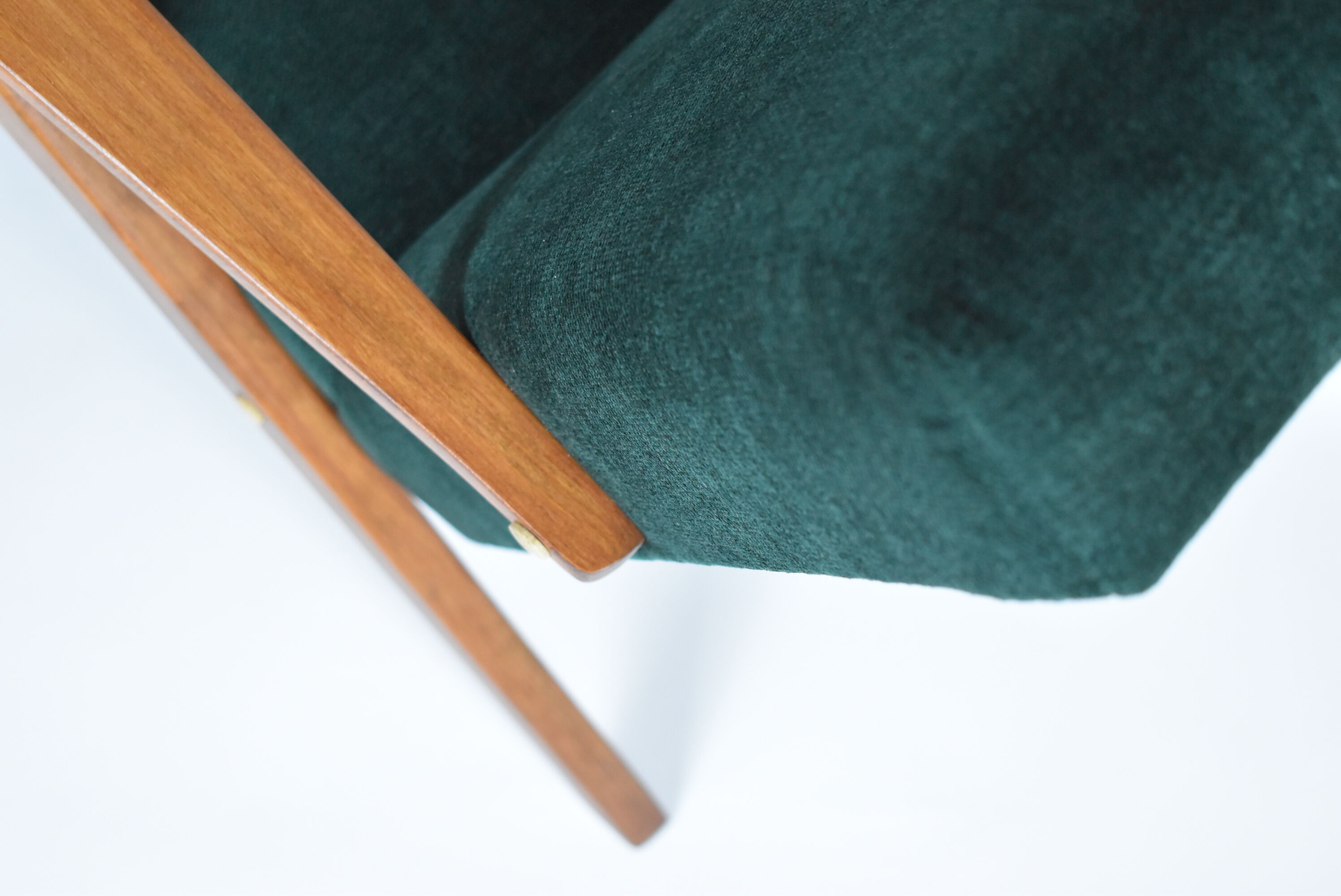 Restored compas armchair, green forest fabric, teak wood, 1960