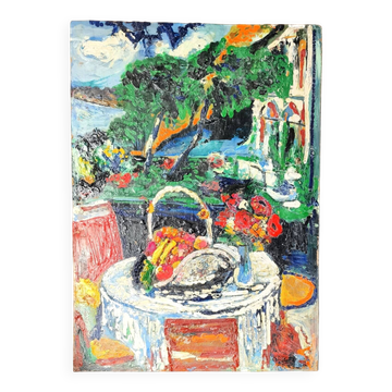 Peinture à l'huile moderniste méditerranéenne sans signature, France, milieu du 20e siècle