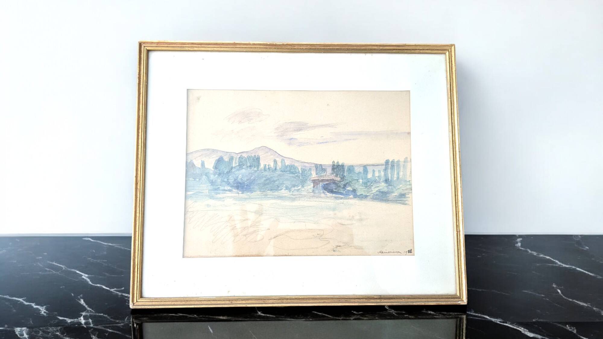 Watercolor landscape Voirons by Lucien Mainssieux 1932 framed in gold frame