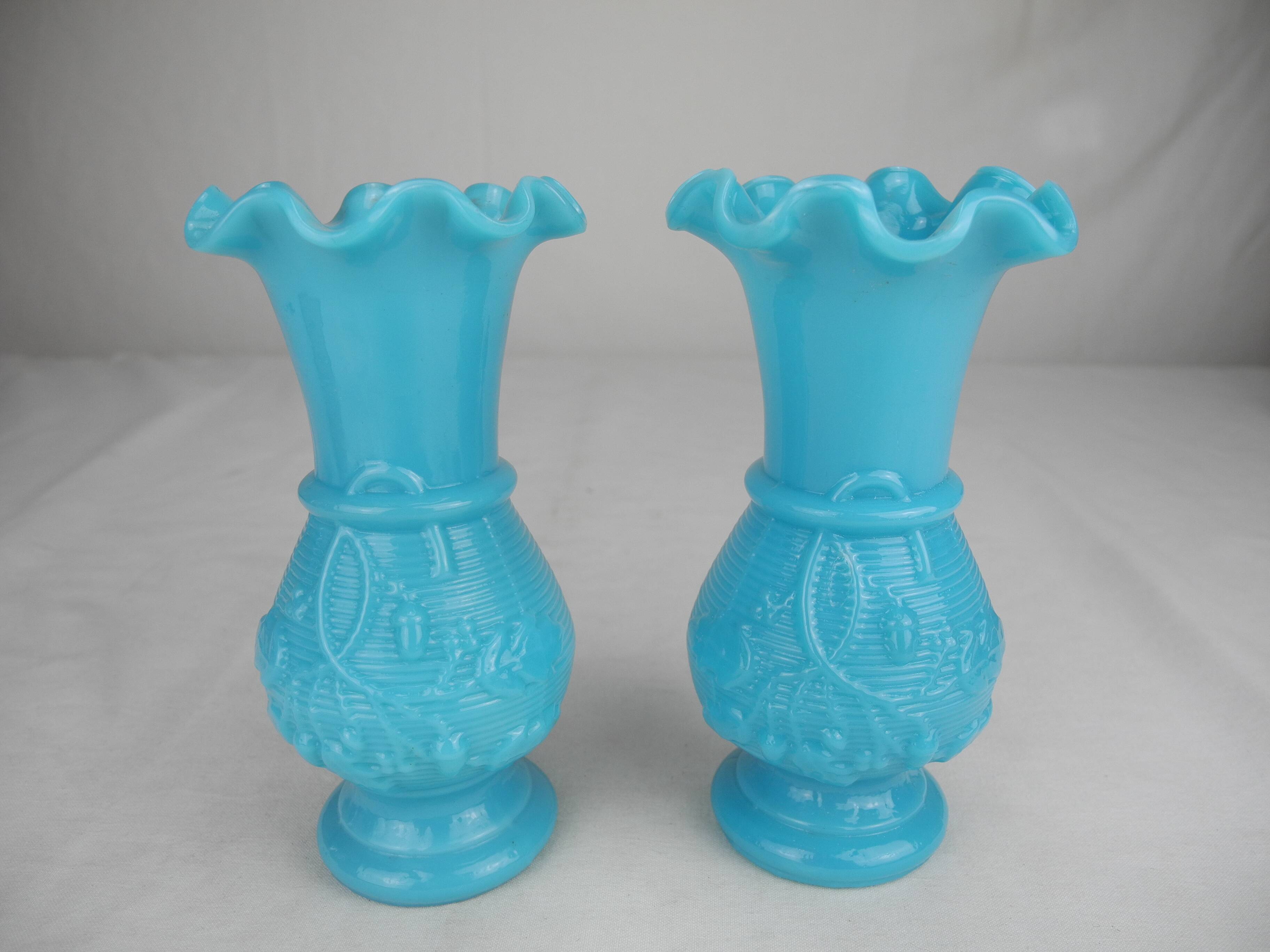 pair of small old blue opaline vases, shabby kitsch decor