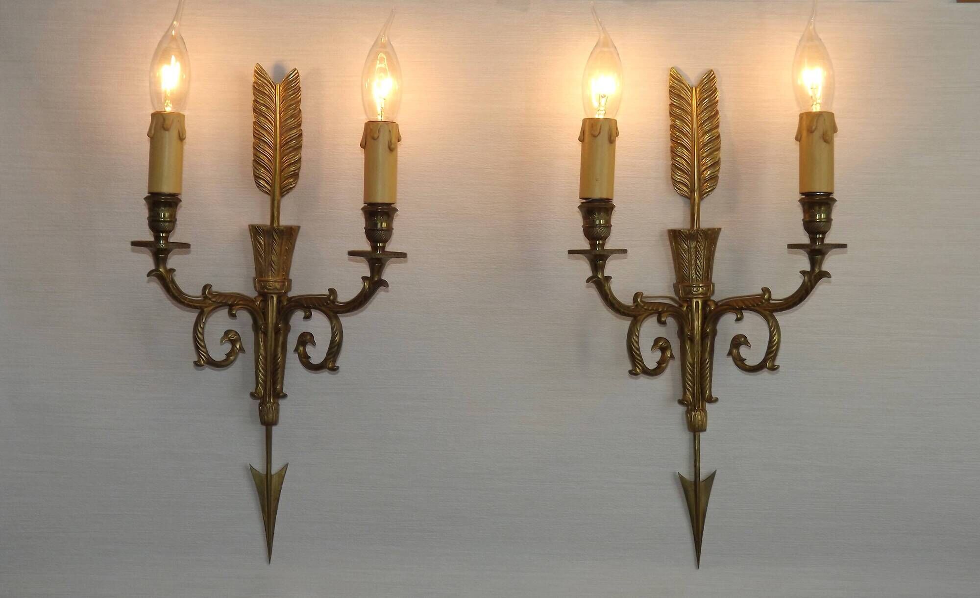 Vintage French Empire Arrow & Quiver Eagle Head Bronze Double Wall Sconces