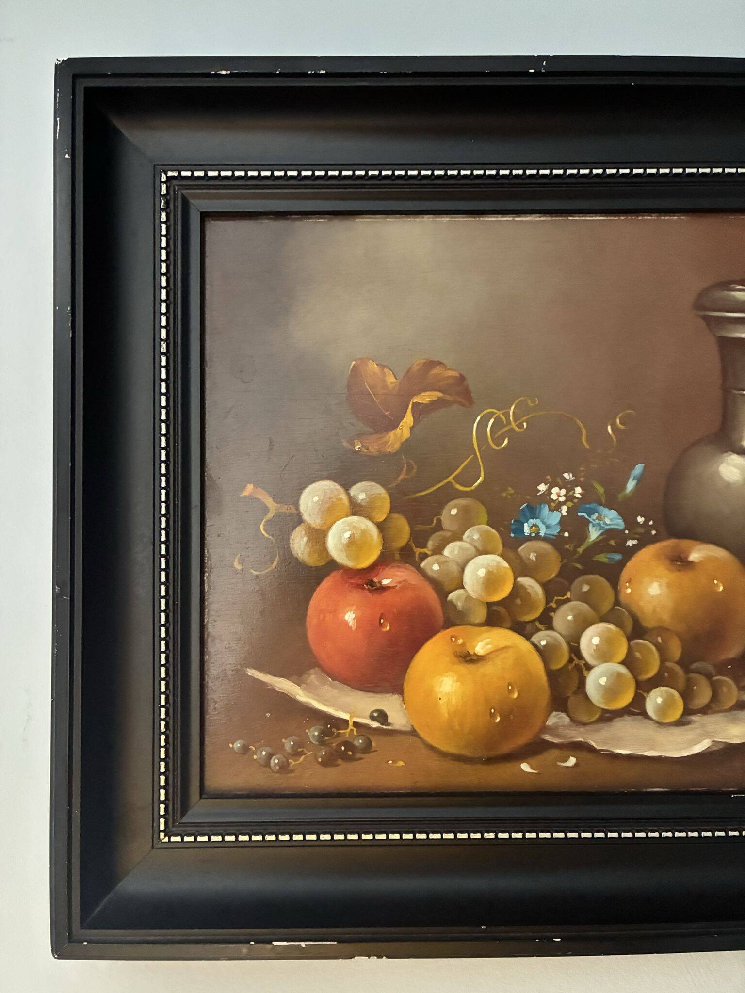 Still life oil painting on wood, signed A. Munding, black frame