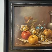 Still life oil painting on wood, signed A. Munding, black frame