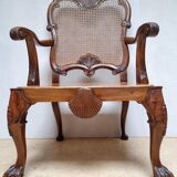 Chippendale Bergere Armchair, Carved Mahogany with Cane and Lion Claw Ball