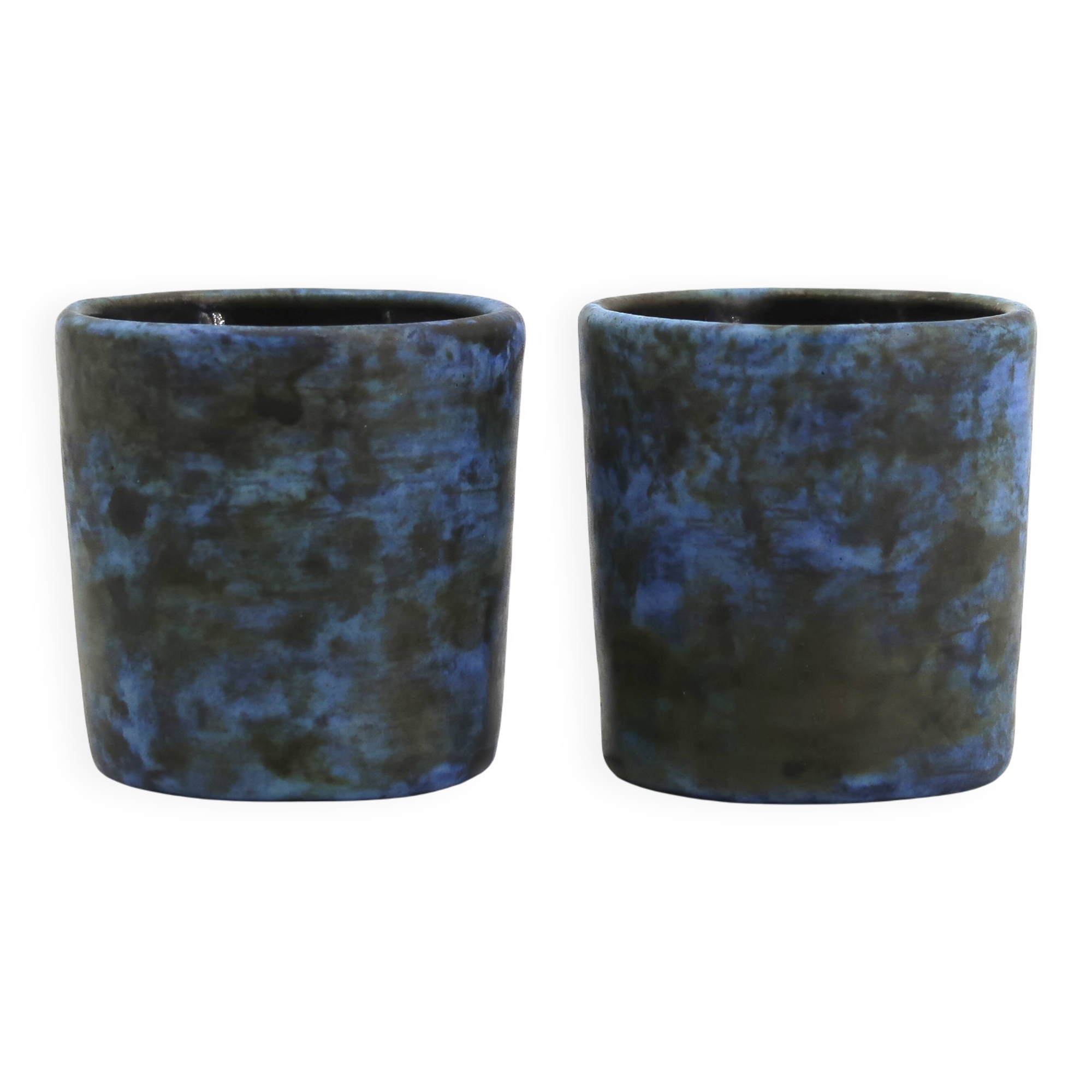Two blue ceramic liqueur glasses by Jacques Blin, 1950s.