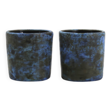 Two blue ceramic liqueur glasses by Jacques Blin, 1950s.
