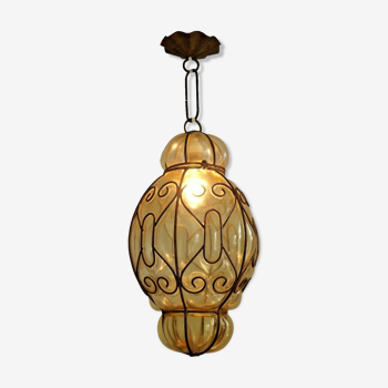 Beautiful vintage murano venetian amber blown glass caged ceiling light
