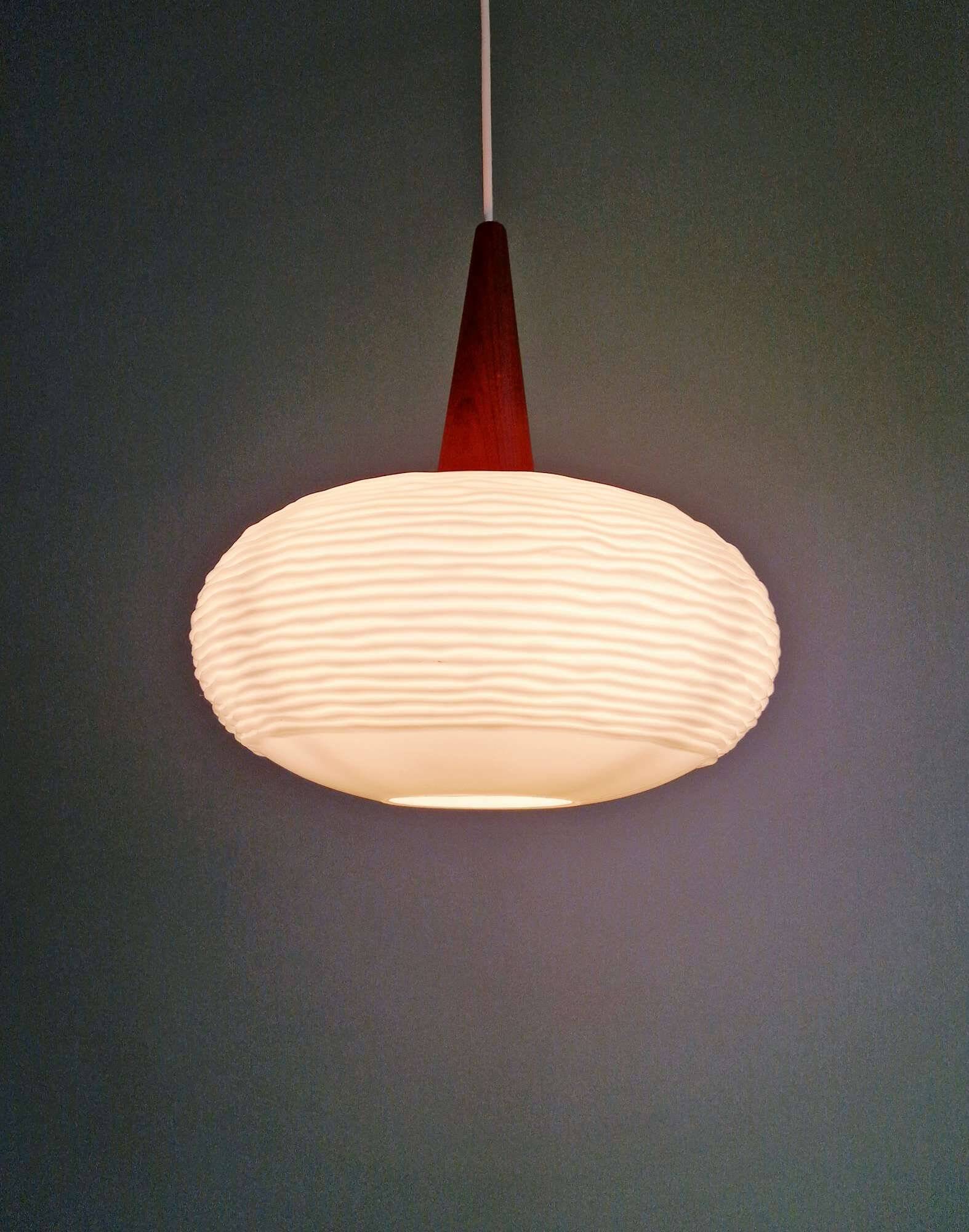 White opaline and teak pendant light, Scandinavian style, 1960s