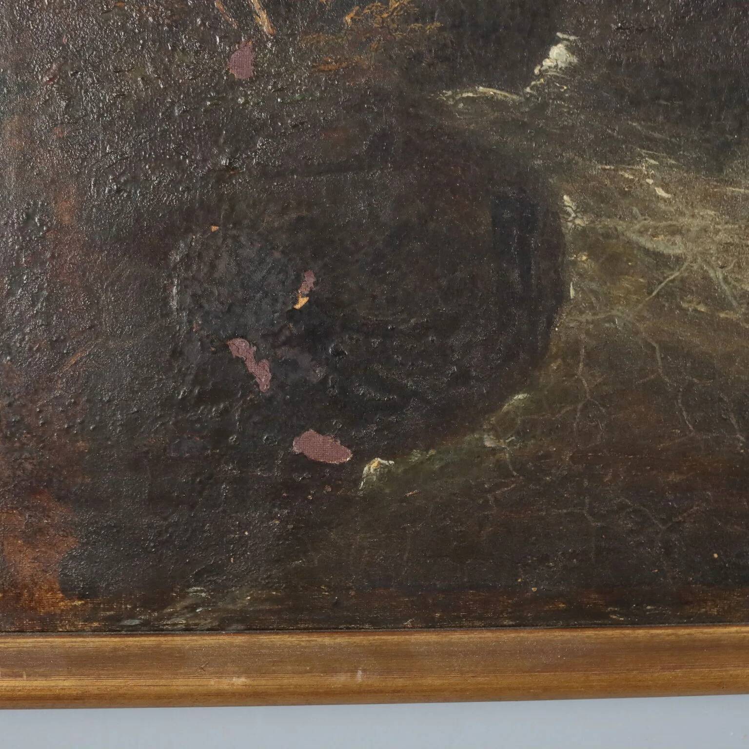 Old painting of a landscape with a river, oil on canvas, 19th century.
