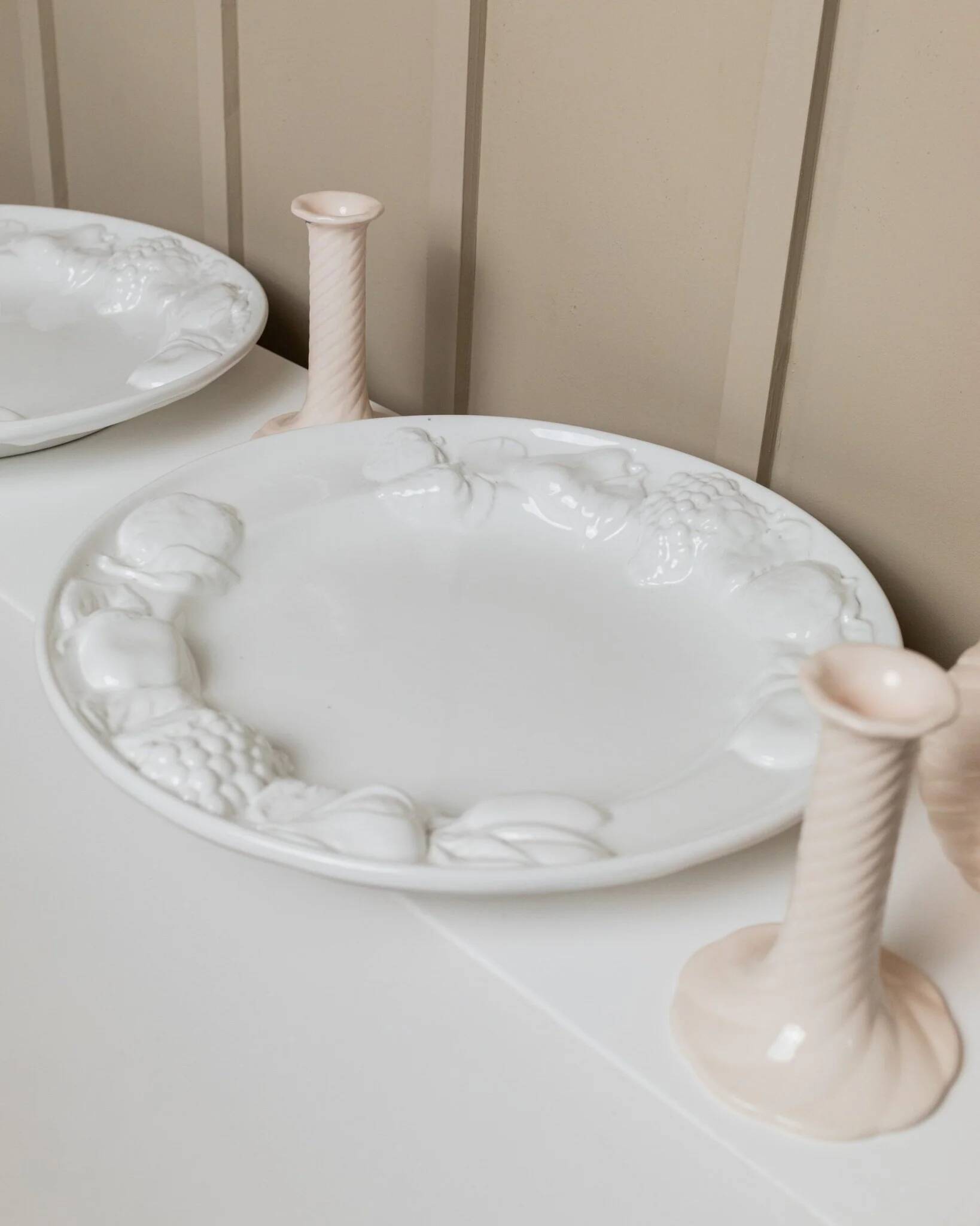 Set of 2 White Ceramic Plates with Sculpted Fruit Relief – Vintage Italy 1980s Mid-Century Decor