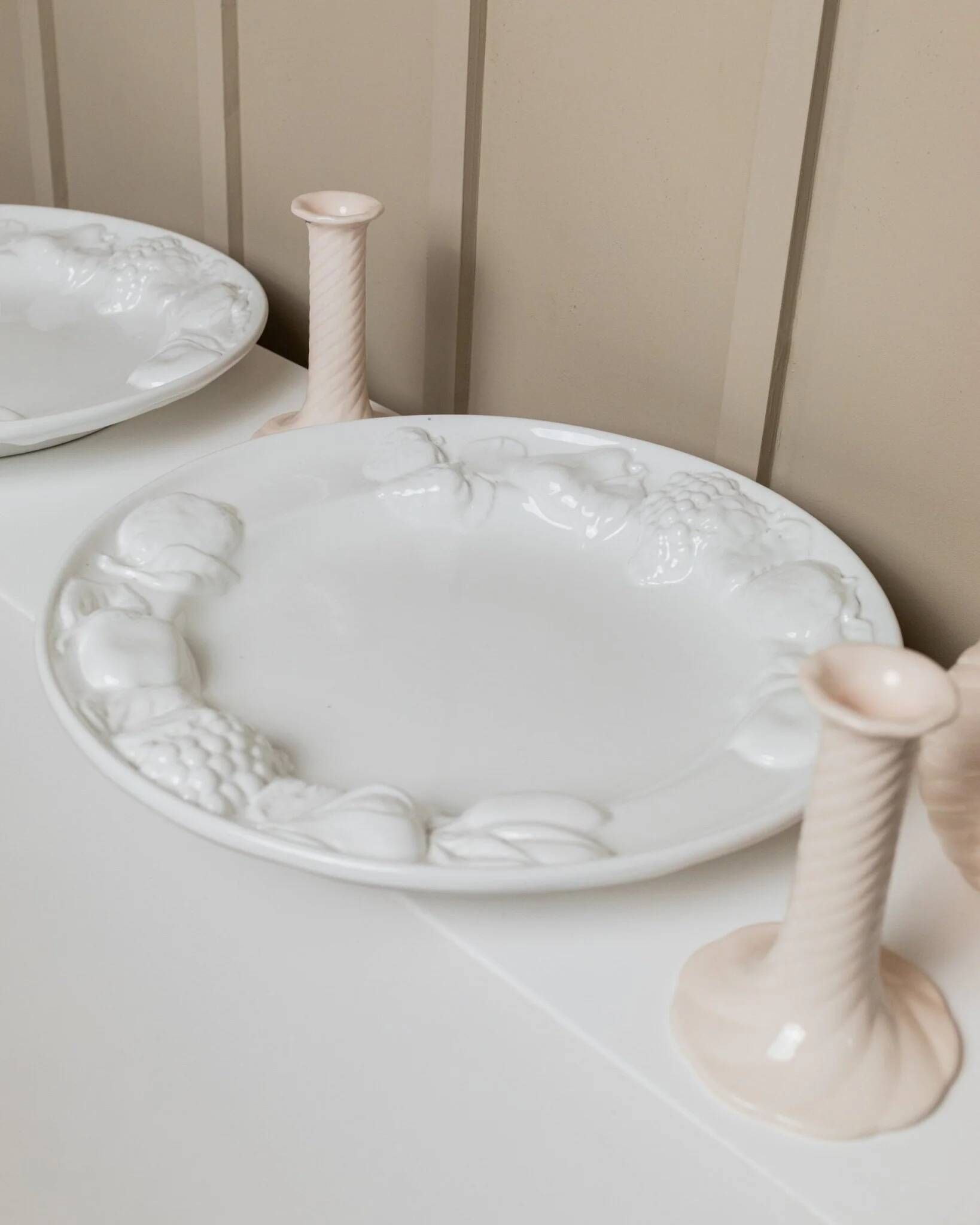 Set of 2 White Ceramic Plates with Sculpted Fruit Relief – Vintage Italy 1980s Mid-Century Decor