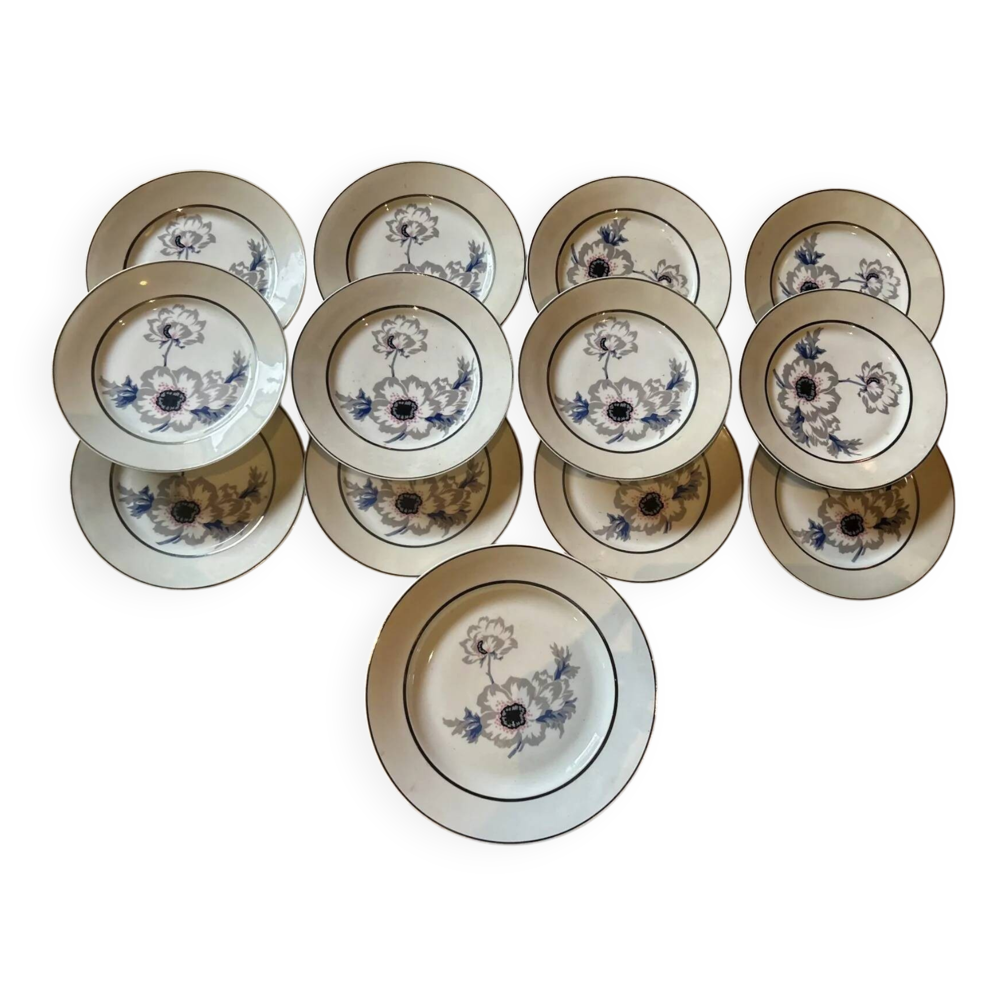 Set of 12 antique porcelain plates with anemone pattern + matching large plate 29.5 cm