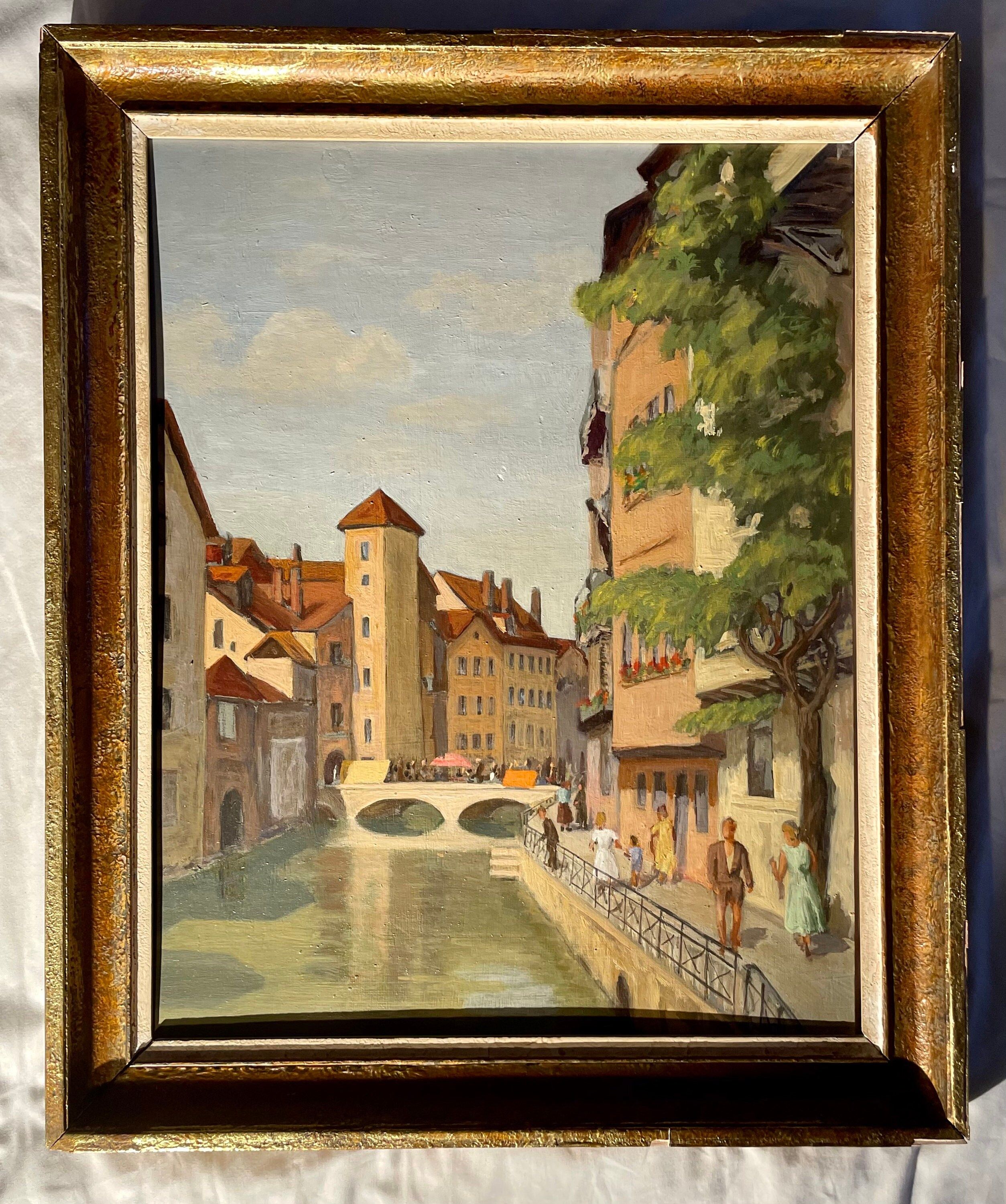 1940s French oil painting on wood. Cityscape