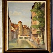 1940s French oil painting on wood. Cityscape