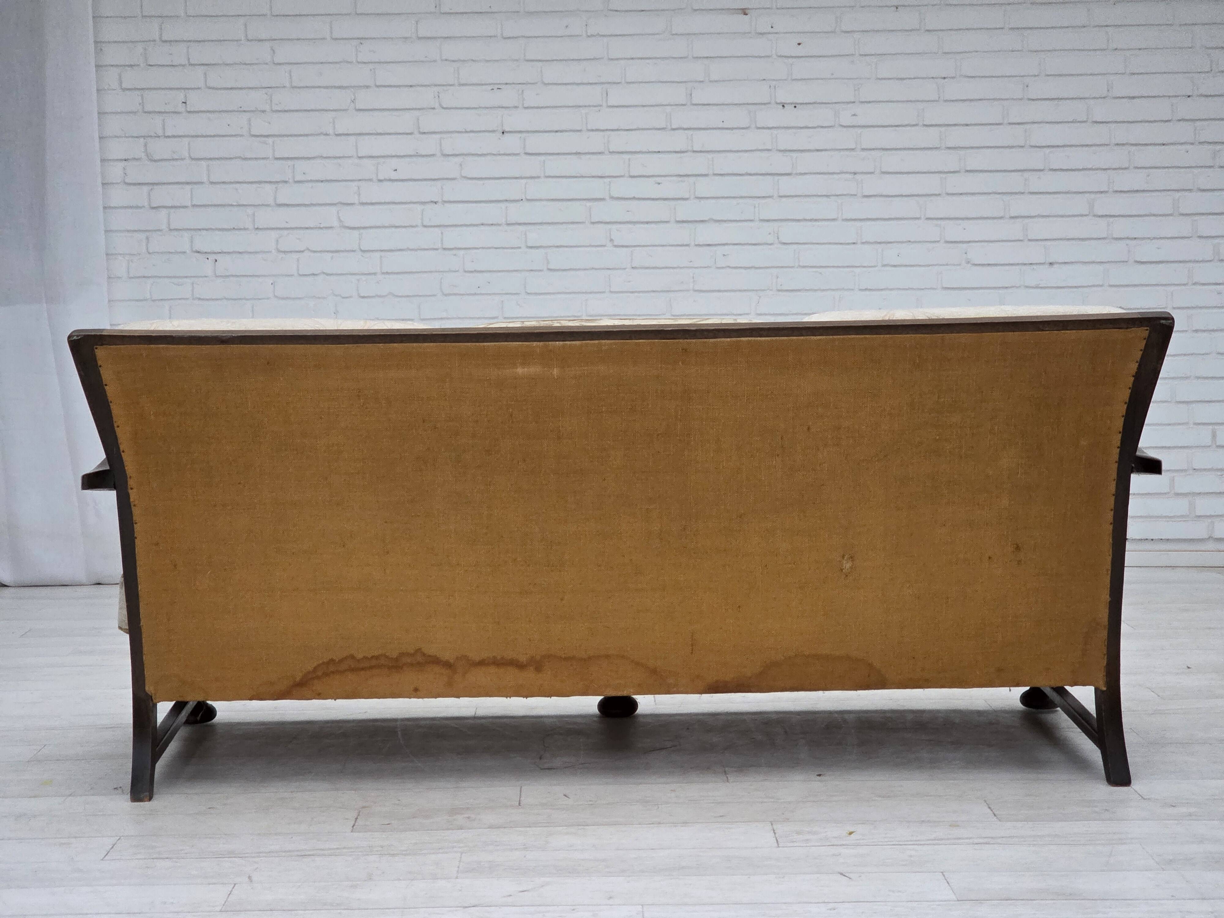 1960s, Danish 3-seater sofa, beige/brown furniture fabric, carved oak wood.