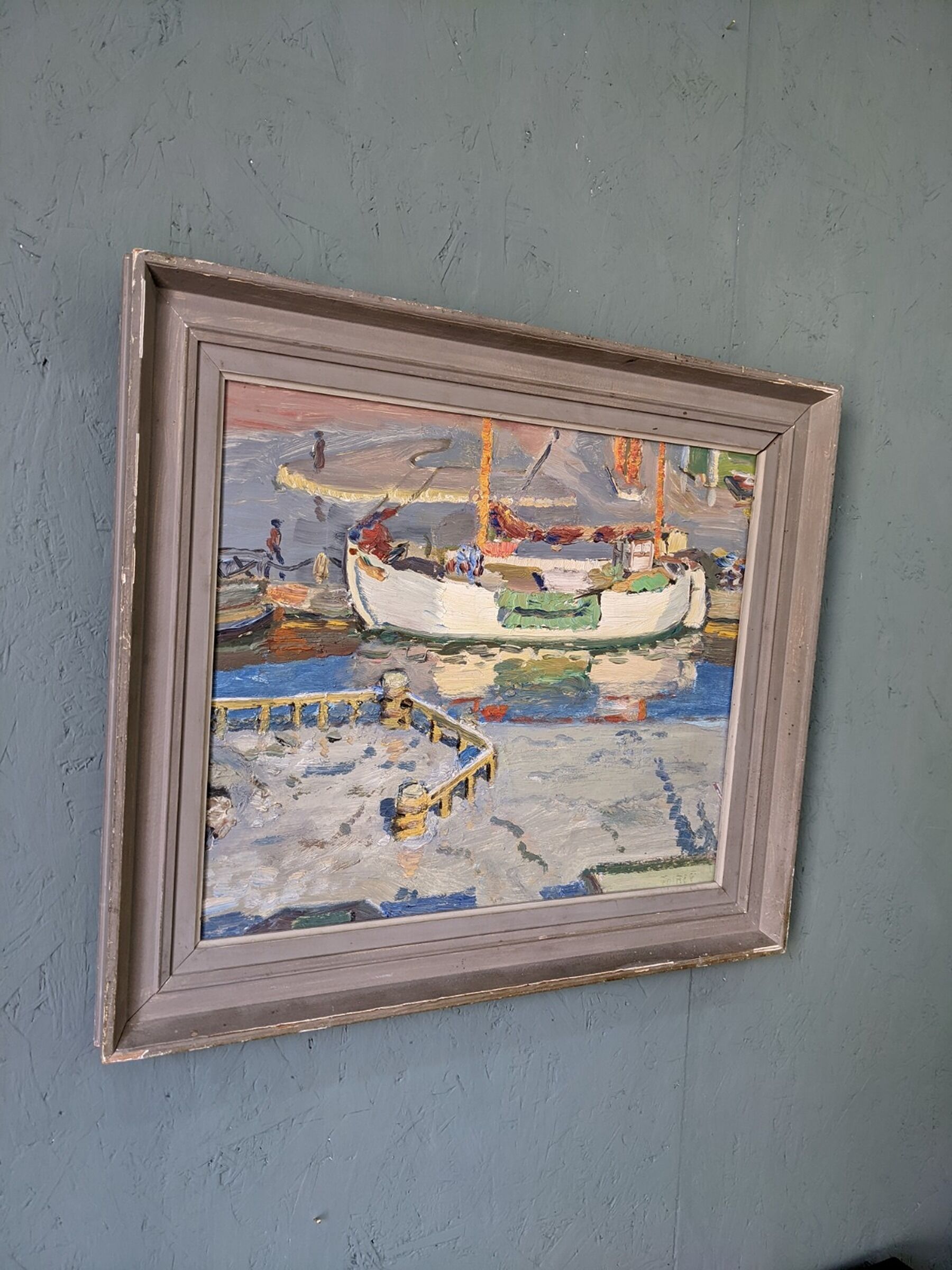 Mid-century modern "the dock" swedish seascape oil painting, framed