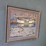 Mid-century modern "the dock" swedish seascape oil painting, framed