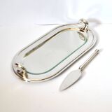 Vintage silver-plated foie gras platter with goose head decoration and serving spatula.