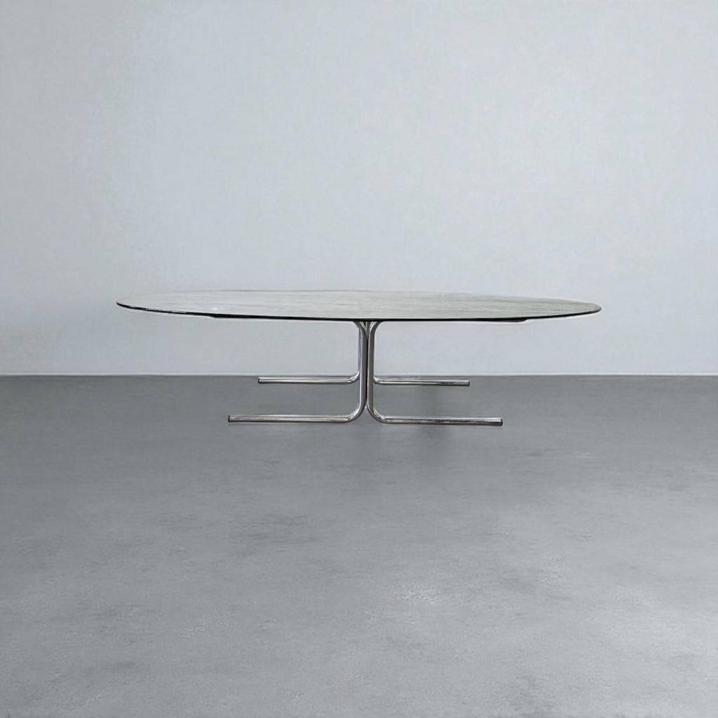 Table basse XL vintage en verre avec cadre chromé