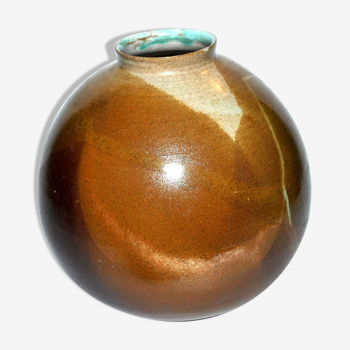 Vase boule vintage en céramique fine émaillée marron caramel signé ds