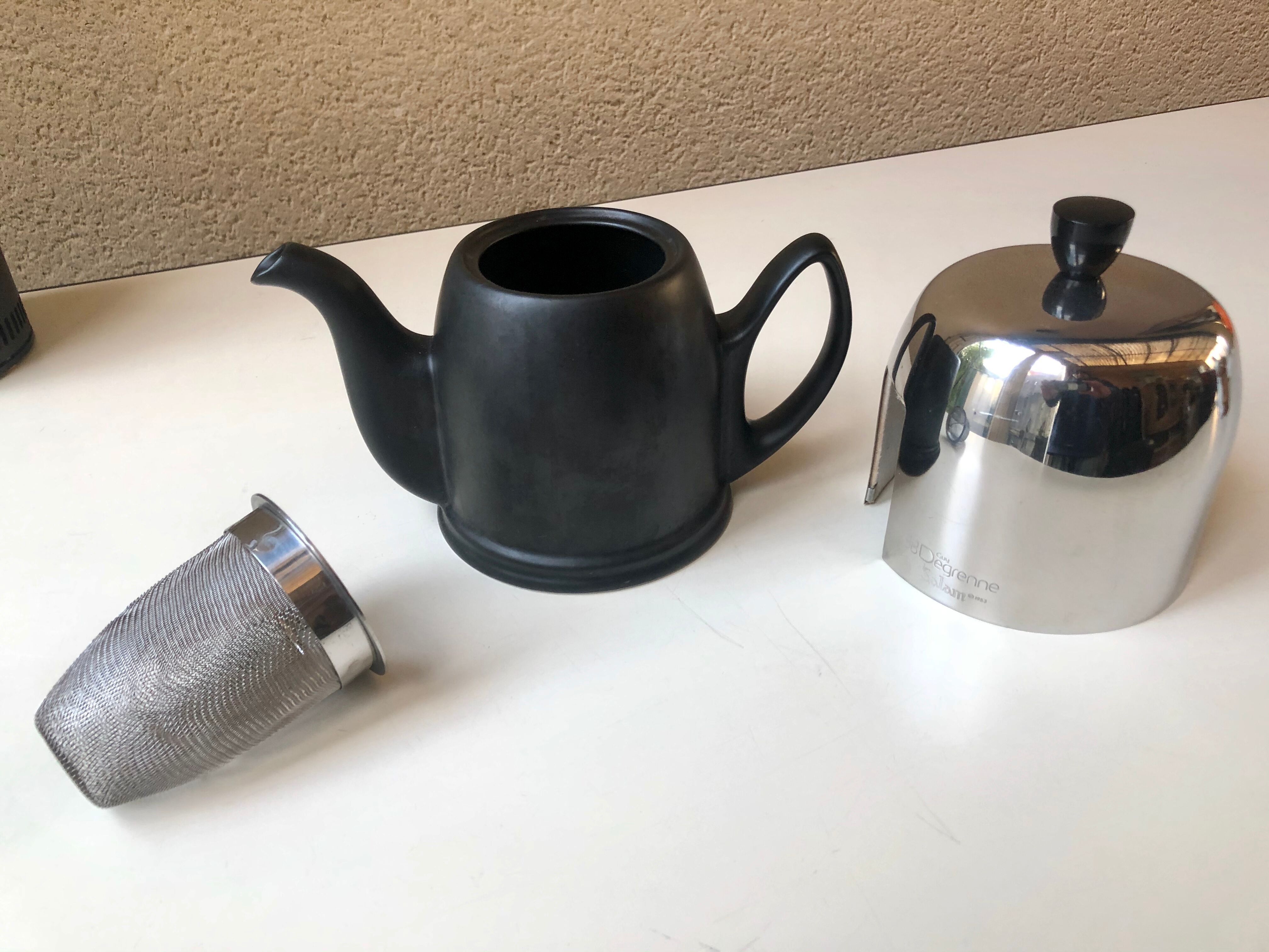 Guy Degrenne salam calorifuge teapot 4 ceramic cups - vintage chrome 70