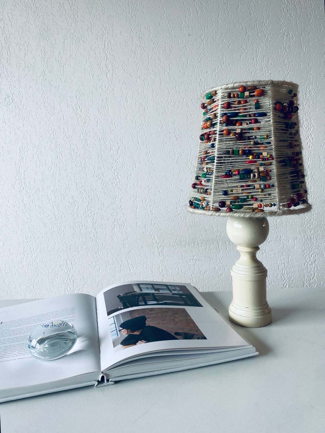 Lamp in turned wood and beads