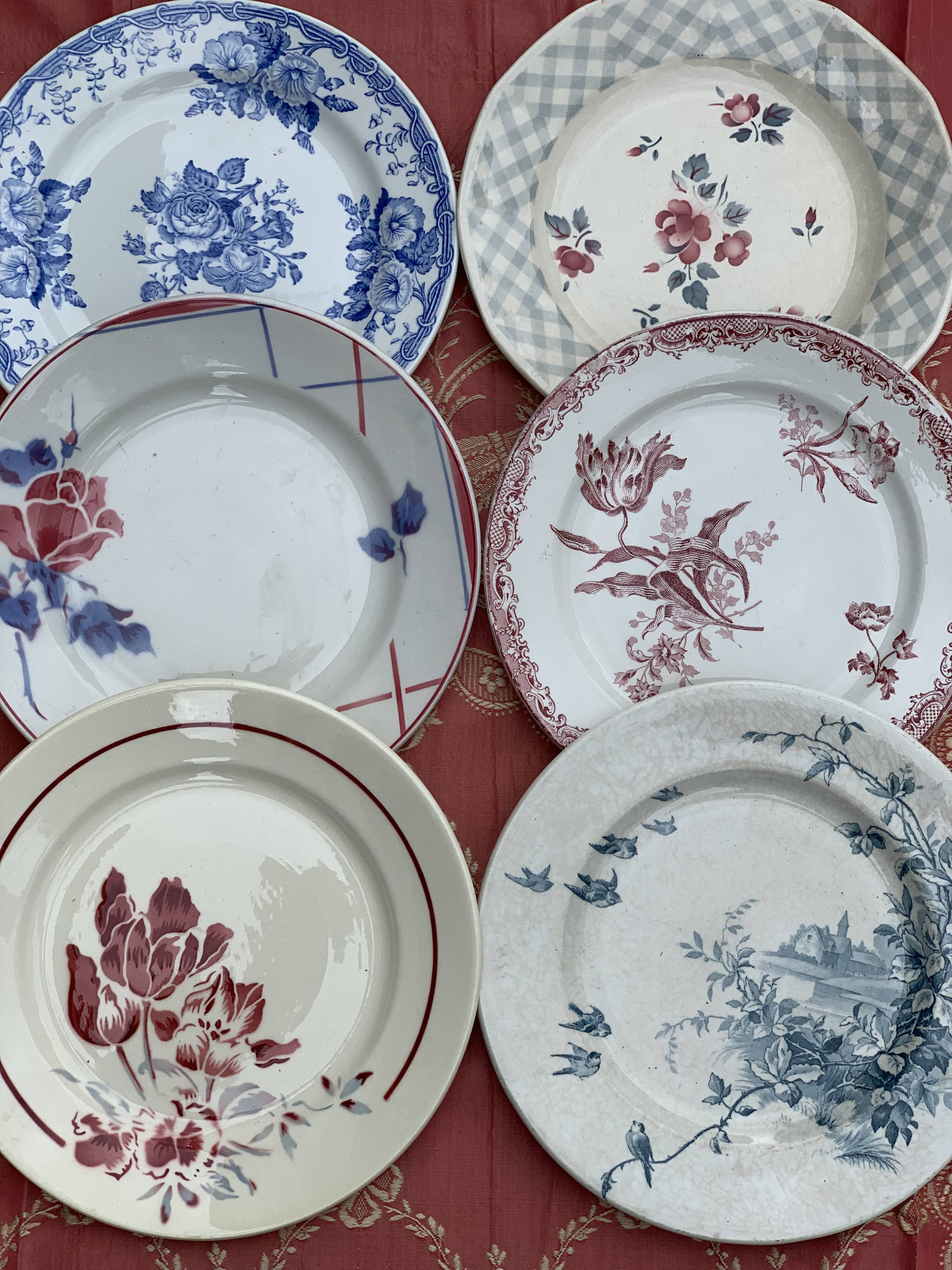 6 Antique earthenware dessert plates, matching patterns