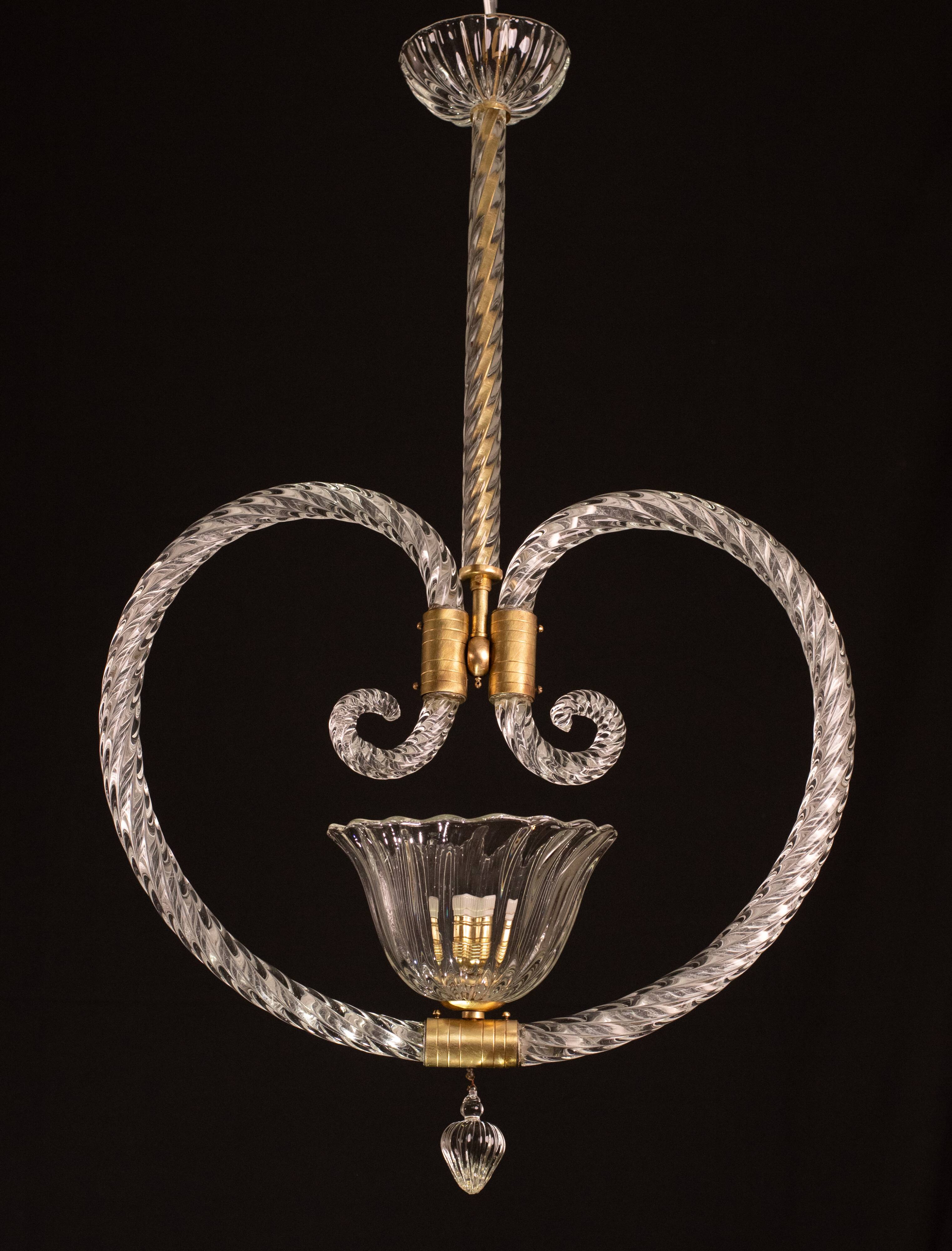 Lustre suspendu en forme de cœur art déco par barovier e toso, années 1940